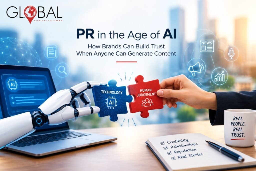 AI and human collaboration in public relations, highlighting technology, human judgment, and brand trust.