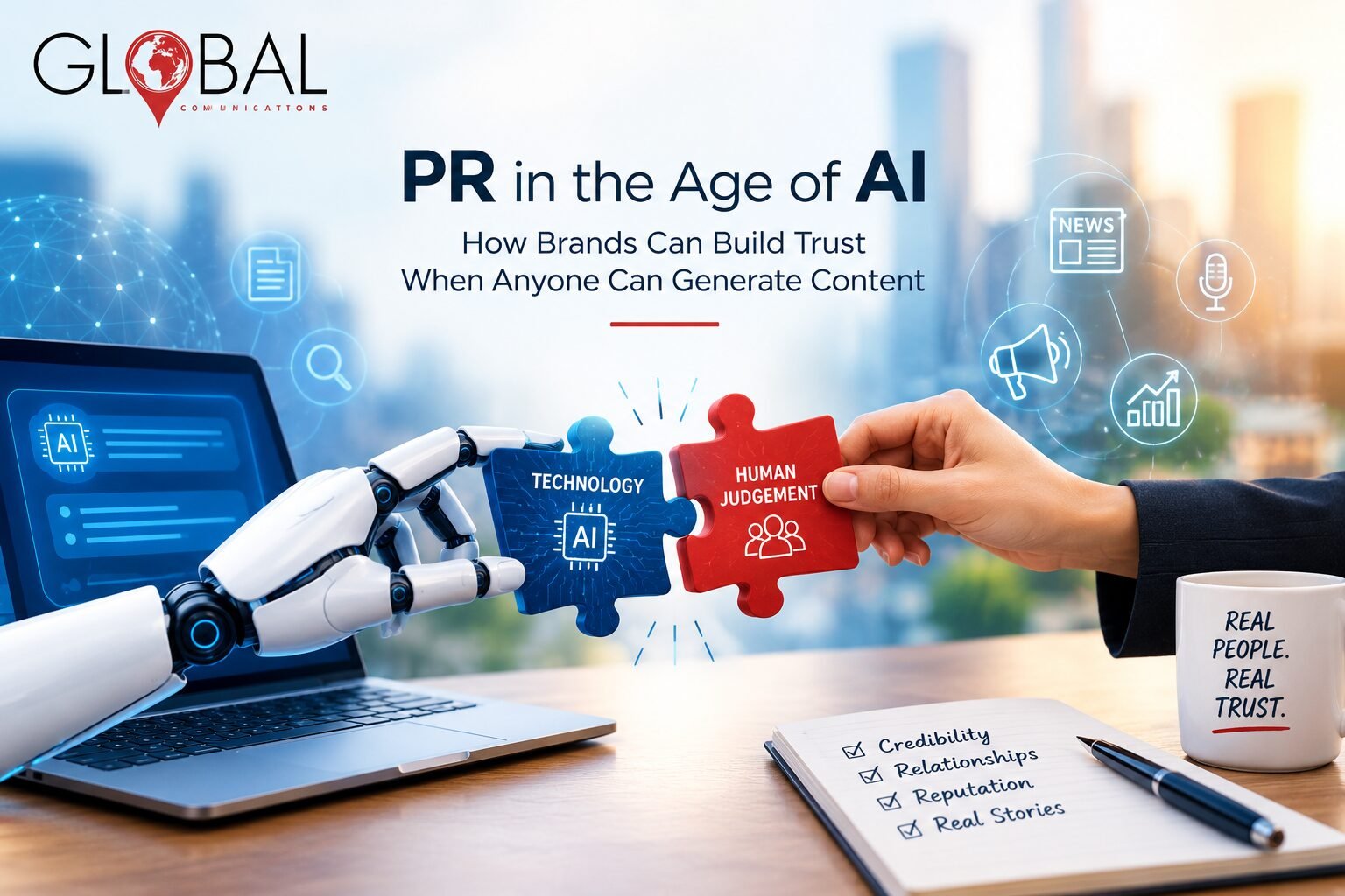 AI and human collaboration in public relations, highlighting technology, human judgment, and brand trust.